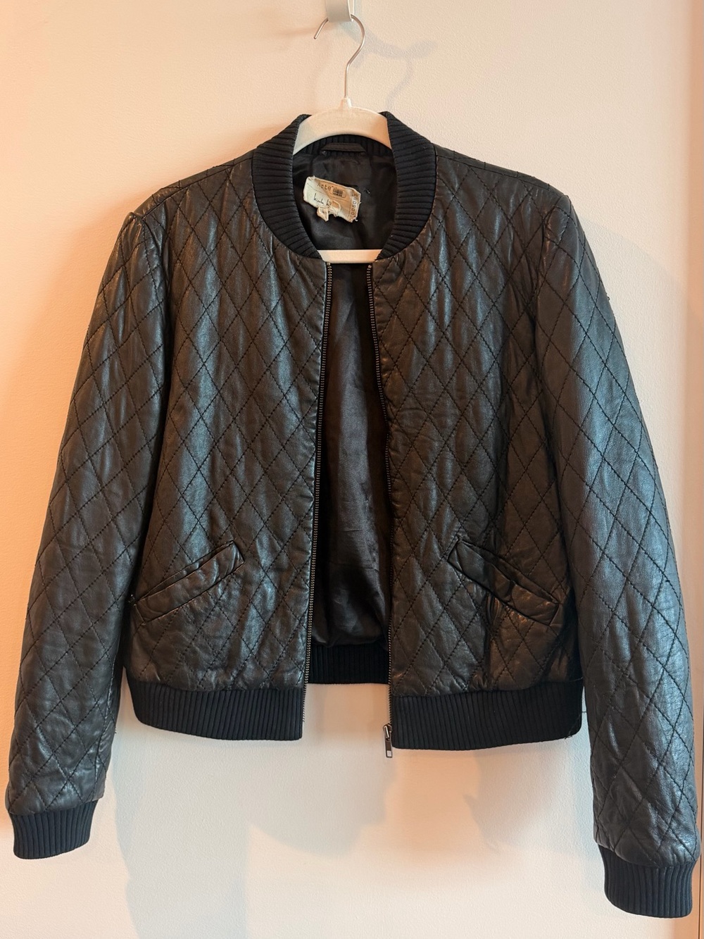 Nicole Miller Quilted Black Leather Bomber Jacket